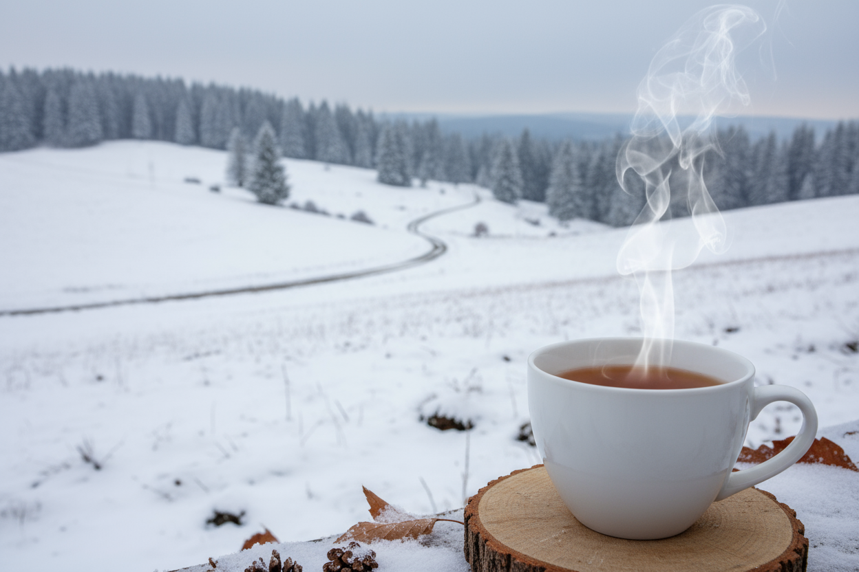 A hot steamy cup of tea, in a white cup with snowy fields behind it.  The whole white cup should be seen in the picture and this cup should be to the right of the picture